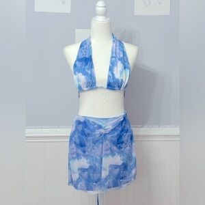 SHEIN Bikini Top & Sarong Women’s Sz L Blue White Adjustable Top Removable Pads